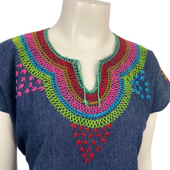 Vintage Rainbow Denim Embroidered Tie Back Tunic Top Mini Dress / Women’s Small - Picture 2 of 5